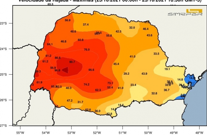 Rajadas de ventos em Santa Helena chegou à 89,3 km/h, maior registro no Paraná, diz Simepar