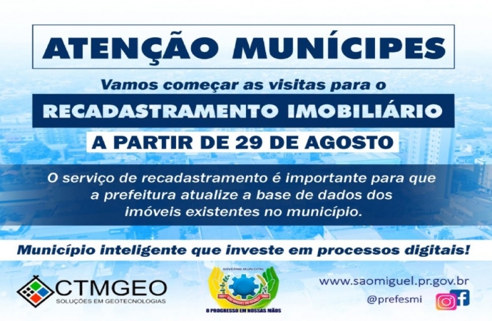 Recadastramento imobiliário terá início na próxima segunda-feira (29) em São Miguel do Iguaçu