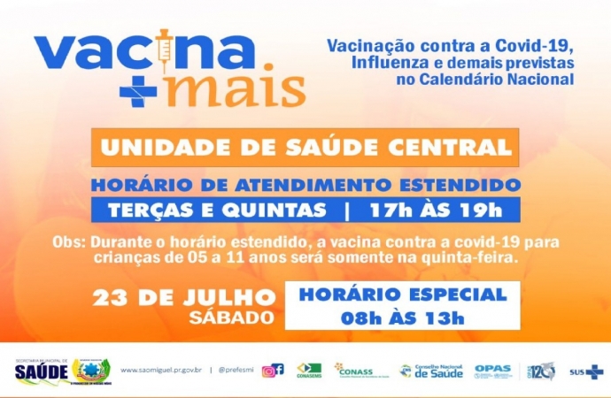 São Miguel do Iguaçu adere à mobilização ‘Vacina Mais’ e anuncia horários especiais para imunização