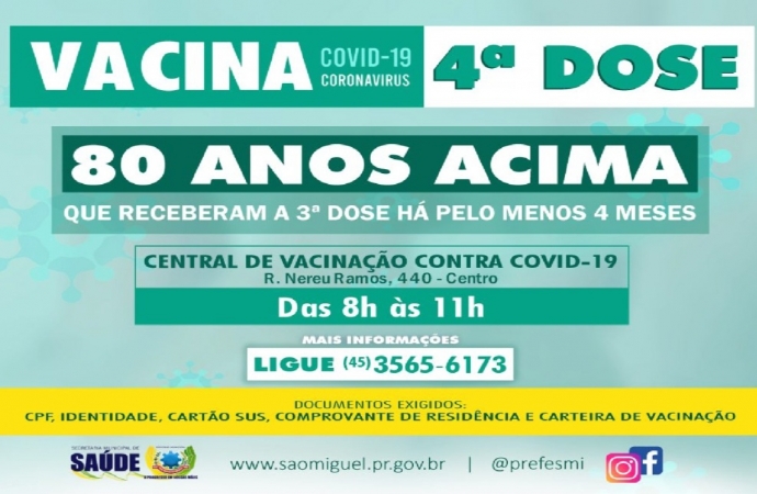 São Miguel do Iguaçu inicia aplicação da quarta dose contra a Covid-19 na população acima de 80 anos