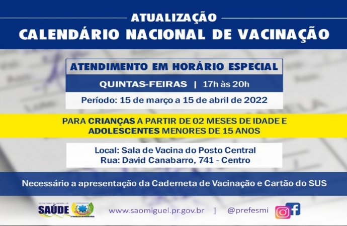 São Miguel do Iguaçu vai realizar atendimento em horário especial para atualização do Calendário Nacional de Vacinação