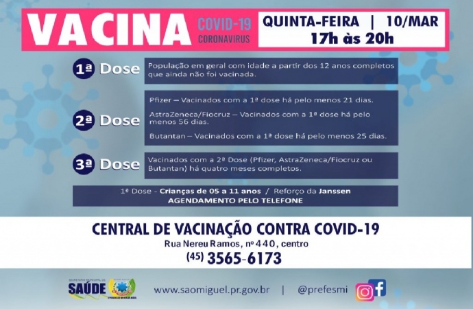 São Miguel do Iguaçu vai realizar horário especial de vacinação contra Covid-19 nesta quinta-feira (10)