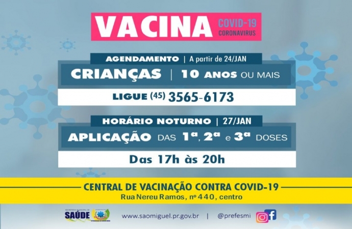 São Miguel inicia agendamento de vacina para crianças de 10 anos e anuncia vacinação noturna na quinta-feira (27)