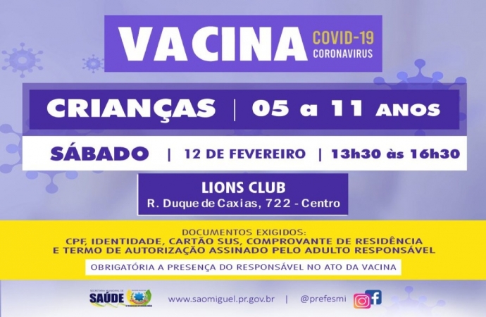 Saúde de São Miguel realiza neste sábado (12) vacinação contra Covid-19 para crianças de 05 a 11 anos