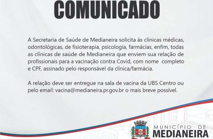 Secretaria de Saúde de Medianeira solicita relação de profissionais de clínicas e farmácias para vacinação contra Covid-19