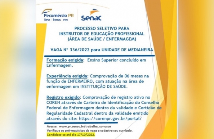 Senac Medianeira abre processo seletivo para Instrutor de Educação Profissional