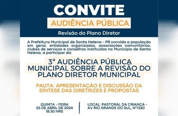 Síntese de proposta para revisão do Plano Diretor tem Audiência Pública dia 25 em Santa Helena