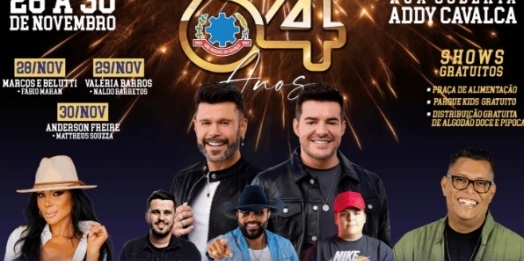 Aniversário de 64 anos terá shows com Marcos & Belutti, Valéria Barros, Anderson Freire e atrações gratuitas