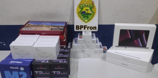 BPFRON apreende eletrônicos em ônibus da linha Foz do Iguaçu x SP, em Matelandia
