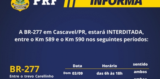 BR-277 terá desvio de tráfego neste fim de semana em Cascavel/PR