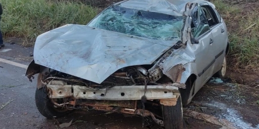 Condutora sai ilesa após capotamento na PR-495 em Pato Bragado