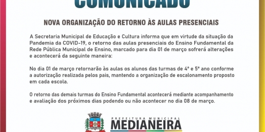 Medianeira: Aulas presenciais do Ensino Fundamental da Rede Pública Municipal sofre alterações