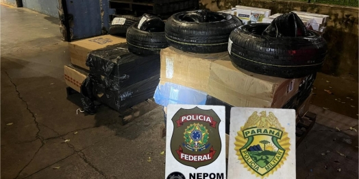 PF e PM localizam depósito clandestino com cigarros e pneus contrabandeados em Foz do Iguaçu