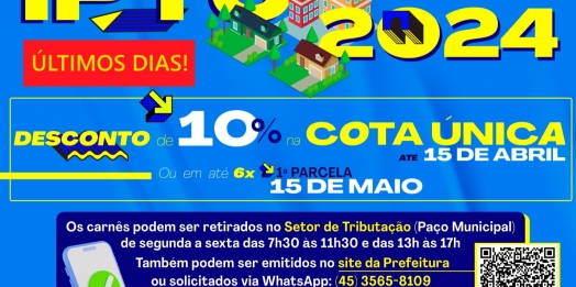 Prazo para pagamento da cota única do IPTU com 10% de desconto termina na próxima segunda-feira (15)