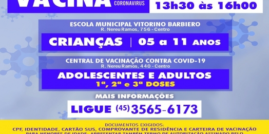 Sábado (05) tem vacinação contra Covid-19 para crianças, adolescentes e adultos em São Miguel do Iguaçu