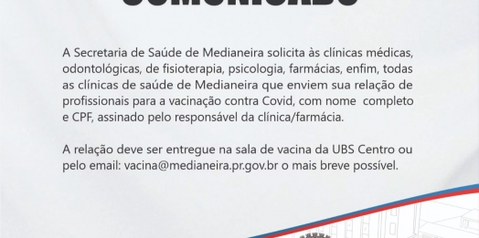 Secretaria de Saúde de Medianeira solicita relação de profissionais de clínicas e farmácias para vacinação contra Covid-19