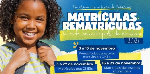 SMI: Matrículas e rematrículas da rede municipal de ensino para 2027 começam no dia 03 de novembro