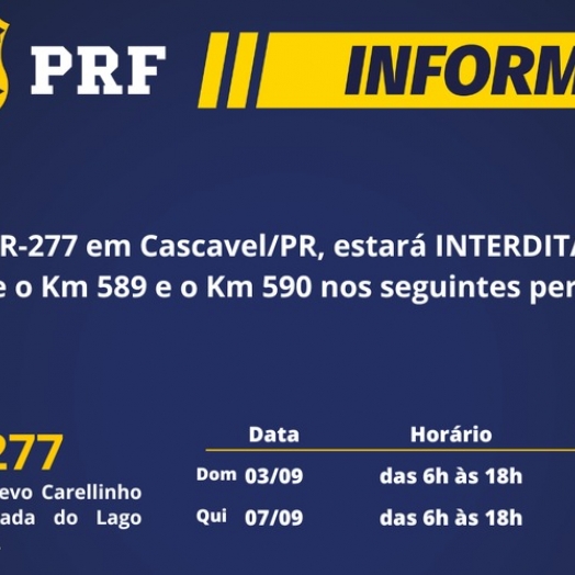 BR-277 terá desvio de tráfego neste fim de semana em Cascavel/PR