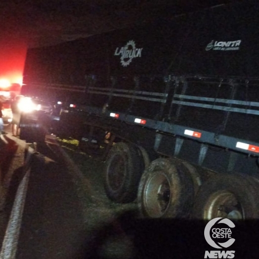 Carreta com placa paraguaia sai da pista na BR-277 em São Miguel do Iguaçu