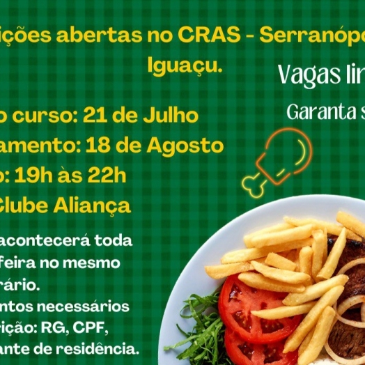 Curso gratuito de prato executivo com inscrições abertas em Serranópolis do Iguaçu