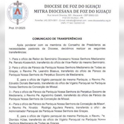 Diocese de Foz do Iguaçu divulga transferências dos Padres para 2023