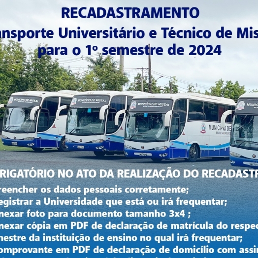 Estudantes de Missal devem atualizar cadastro para o Transporte Universitário