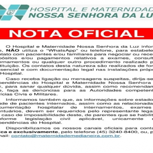 Familiares de pacientes internados no Hospital e Maternidade Nossa Senhora da Luz sofrem tentativa de golpes nas redes sociais