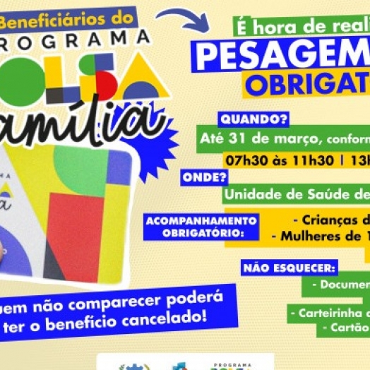 Governo Municipal convoca beneficiários do Bolsa Família para pesagem nas Unidades de Saúde