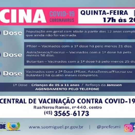 Horário especial de vacinação contra Covid-19 será realizado na próxima quinta-feira (03) em São Miguel