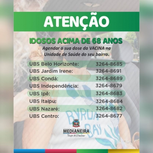 Idosos acima de 68 anos devem agendar vacinação na UBS do seu bairro, em Medianeira