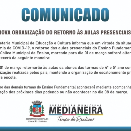 Medianeira: Aulas presenciais do Ensino Fundamental da Rede Pública Municipal sofre alterações
