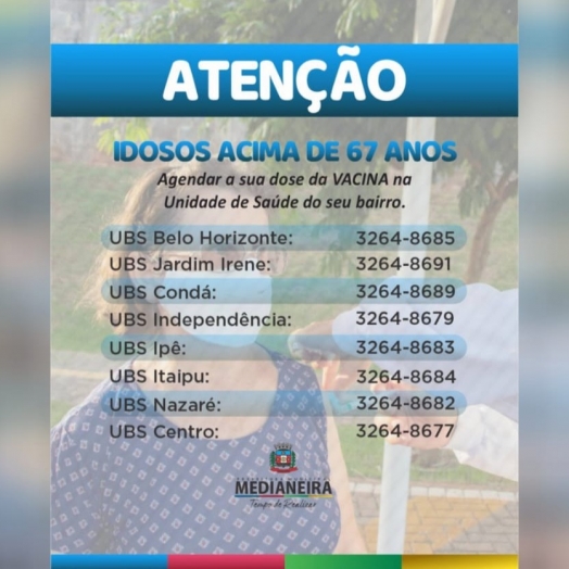 Medianeira: Idosos acima de 67 anos devem agendar vacinação na UBS do seu bairro