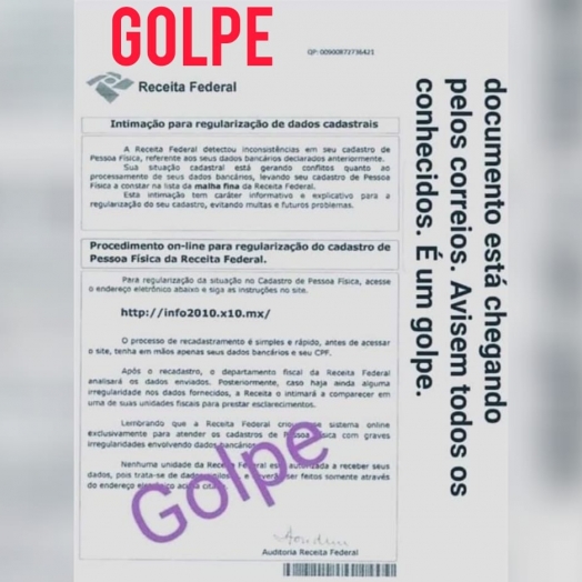 Receita Federal alerta para retorno de fraude via correspondência