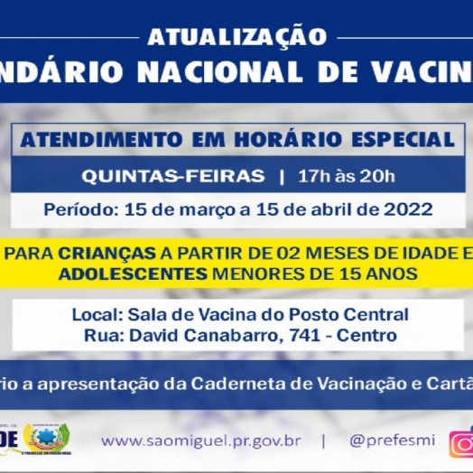 São Miguel do Iguaçu vai realizar atendimento em horário especial para atualização do Calendário Nacional de Vacinação