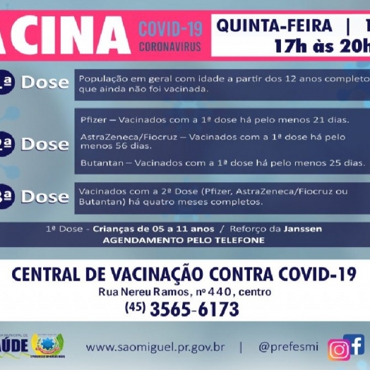 São Miguel do Iguaçu vai realizar horário especial de vacinação contra Covid-19 nesta quinta-feira (10)