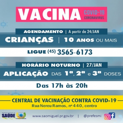 São Miguel inicia agendamento de vacina para crianças de 10 anos e anuncia vacinação noturna na quinta-feira (27)