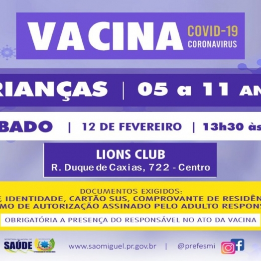 Saúde de São Miguel realiza neste sábado (12) vacinação contra Covid-19 para crianças de 05 a 11 anos