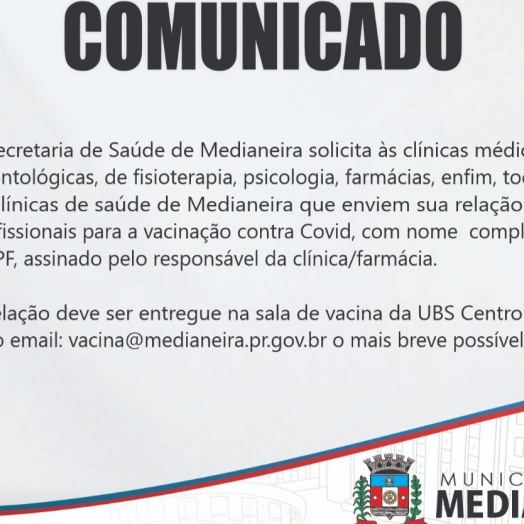 Secretaria de Saúde de Medianeira solicita relação de profissionais de clínicas e farmácias para vacinação contra Covid-19