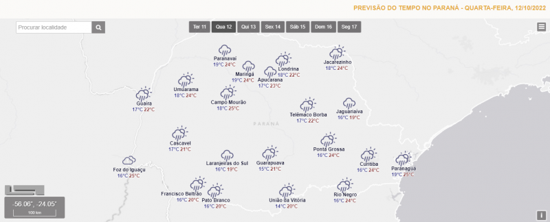 Previsão do tempo para 12/10/2022 - Créditos: SIMEPAR